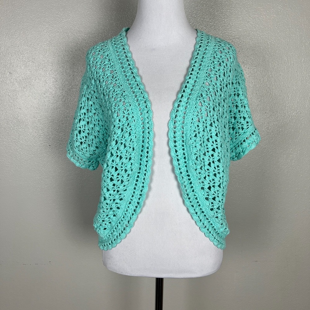 Denim 24/7 Crochet Cardigan Shrug Womens 1X Mint Vest Open Boho Festival Cropped